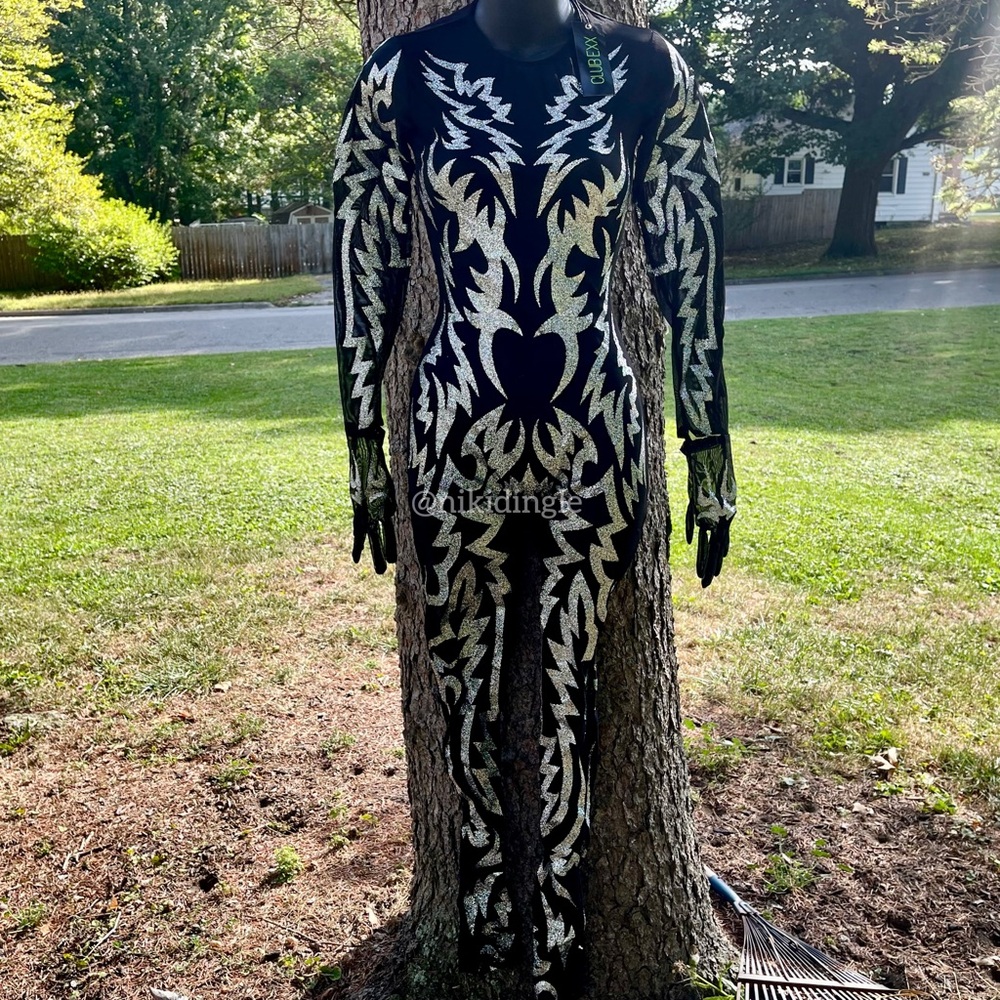 NEW with tags Dolls Kill Club Exx Glitter Superstar Mesh punk catsuit bodysuit S